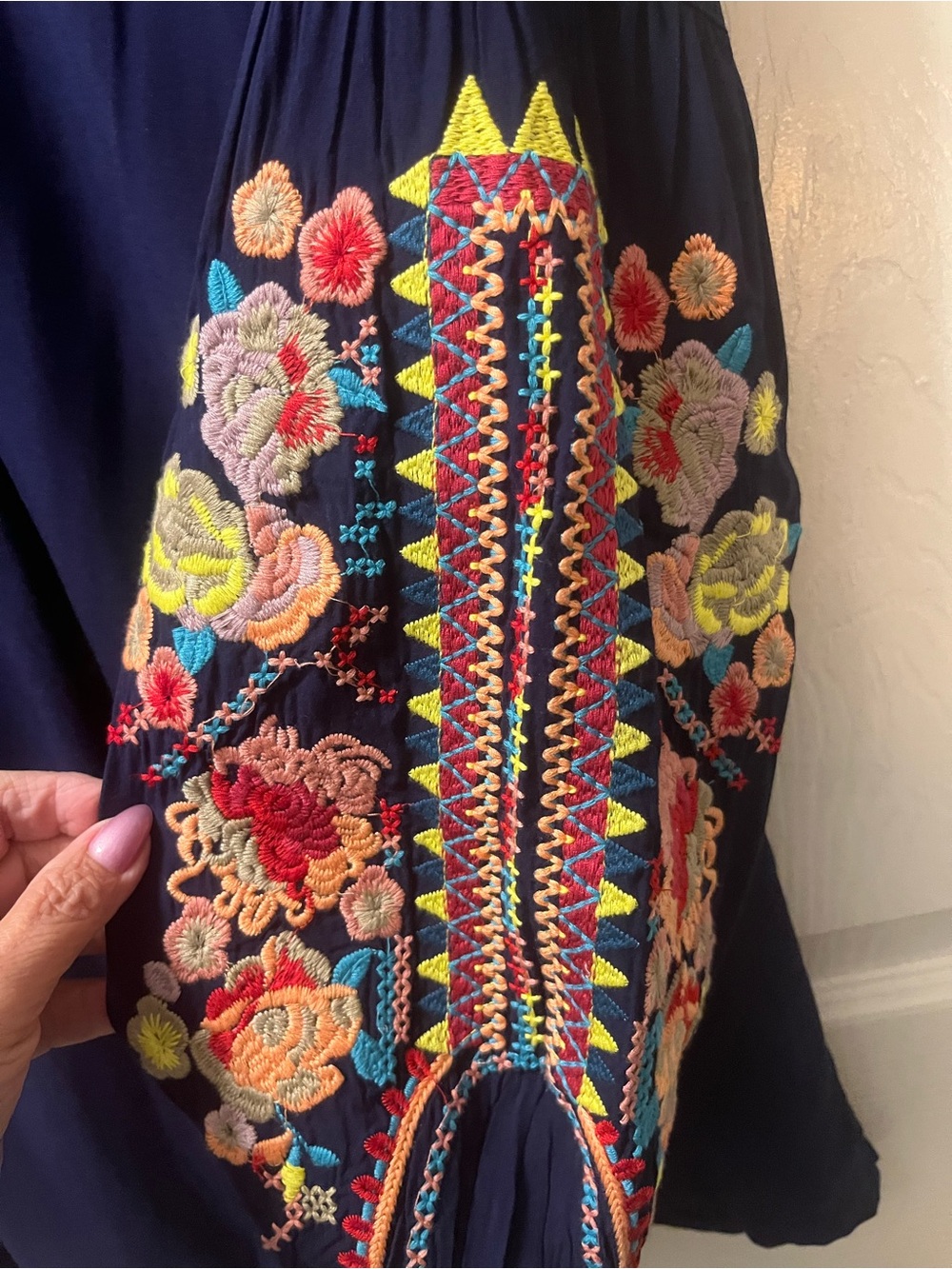 Solitaire Embroidered Boho Peasant Blouse Navy Floral Long Sleeve Women’s Size M - Picture 9 of 12